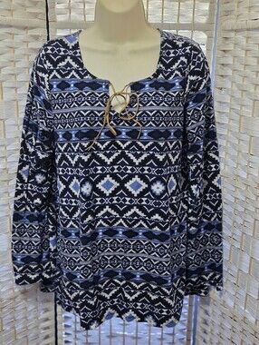 B& B Boutique Blue Geometric Lace-Up Tunic Top